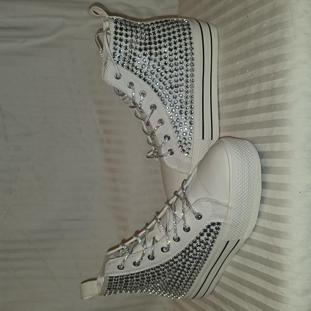 Women's White and Silver Bling High-Top Sneakers